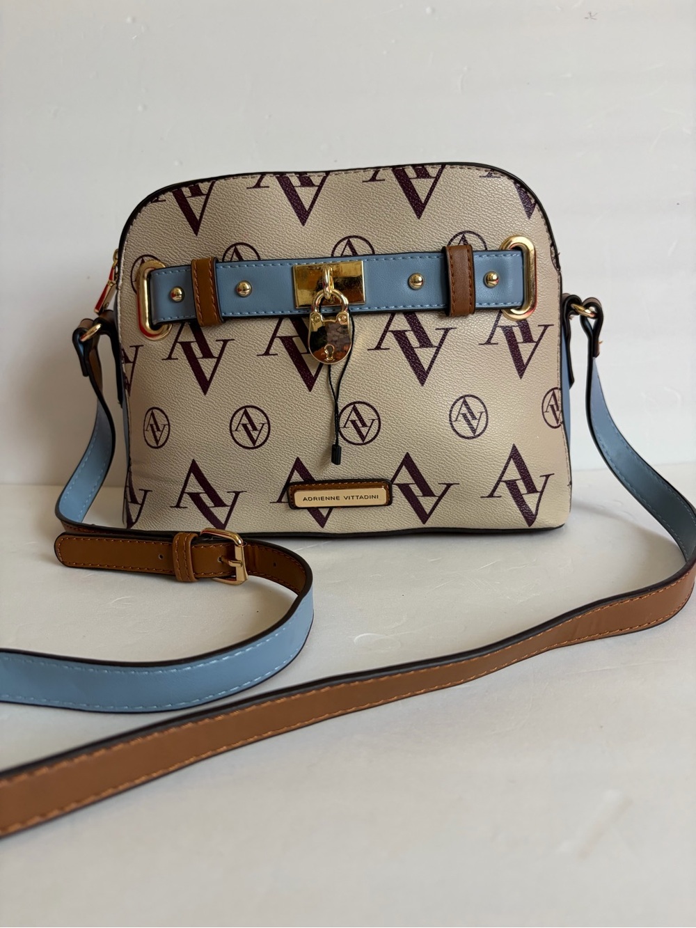Adrienne Vittadini Cream Crossbody with Blue and Tan Trim